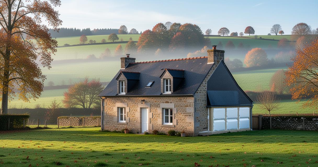 Maison en pierre entourée de prairies, illustration du confort thermique en Normandie Maison en pierre entourée de prairies, illustration du confort thermique en Normandie